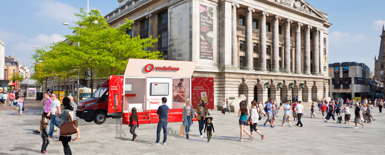 Traditional retail has had to evolve. Vodafone recognised this and they briefed my client to design a mobile roadshow to go to city centres around the UK and to engage with consumers directly. Without a budget to work to we decided to provide three options at different price points. These visuals show an impactful but inviting solution that can adapt depending on the footprint available within each town centre. 