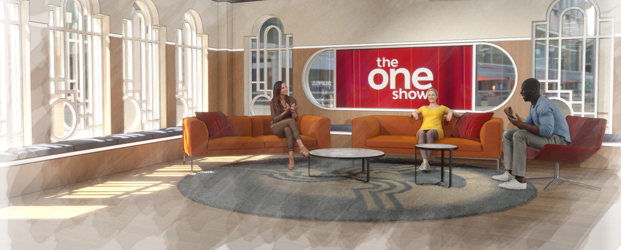 Working with experts in their field is one of the highlights on my job. I worked with a legendary experienced TV set designer to bring her ideas to life. I took her sketches and created this physical broadcast environment for The One Show. It consisted of an informal chat-show style set up within BBC venue.