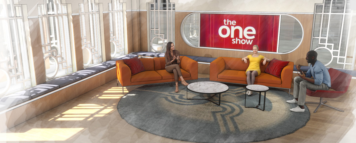 Working with experts in their field is one of the highlights on my job. I worked with a legendary experienced TV set designer to bring her ideas to life. I took her sketches and created this physical broadcast environment for The One Show. It consisted of an informal chat-show style set up within BBC venue.