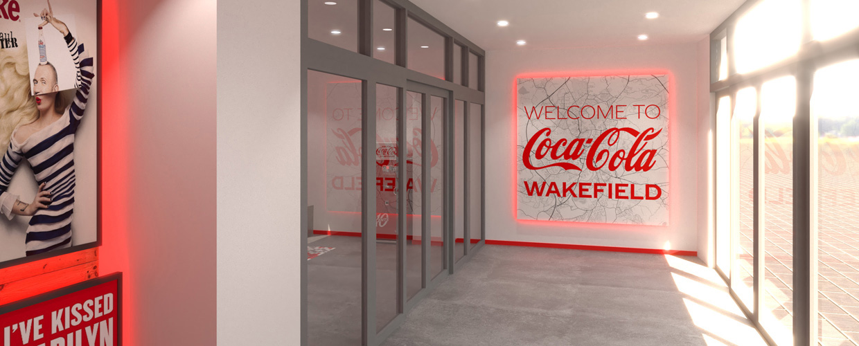 Working on interiors is one of my favourite types of project. A long term client contacted me to ask for my help to bring the redesign of a Coca Cola office in Wakefield to life. It was a pleasure to incorporate their ideas into the space and give help them transform a drab industrial building into a premium environment for staff and visitors to experience.