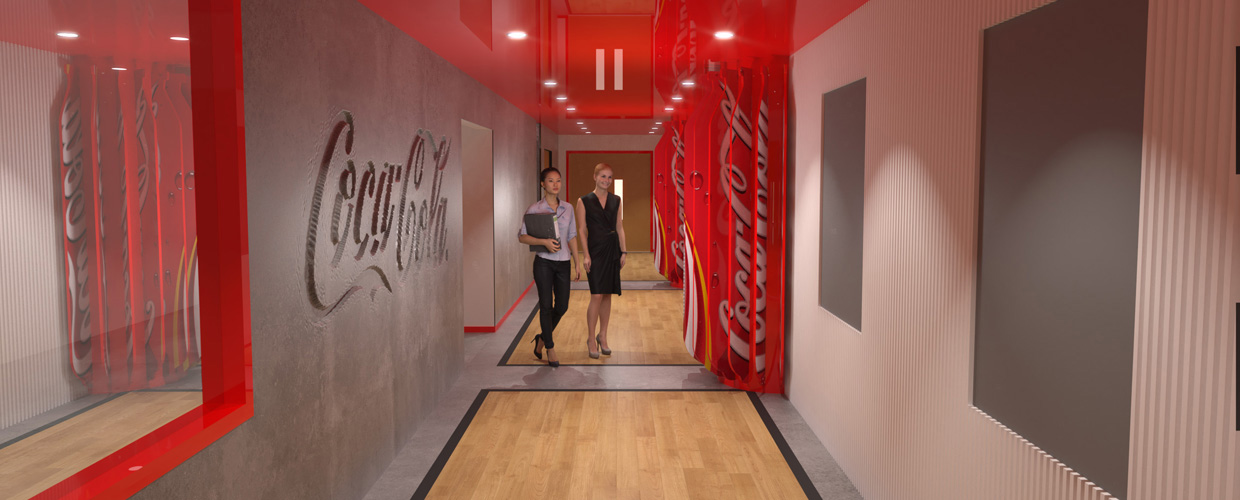 Working on interiors is one of my favourite types of project. A long term client contacted me to ask for my help to bring the redesign of a Coca Cola office in Wakefield to life. It was a pleasure to incorporate their ideas into the space and give help them transform a drab industrial building into a premium environment for staff and visitors to experience.