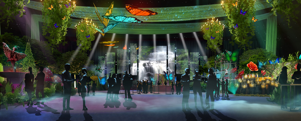 When I was asked to create visualisations of a gala party for Huawei involving pixies, fairy acrobats and glowing branches, I thought, "this is a job for someone else!" But despite my initial reluctance, I partnered with a fantastic sketch artist to generate the images you see here. The visuals captured the ambience of the event and the epic scale of both the venue and the artists' performances.