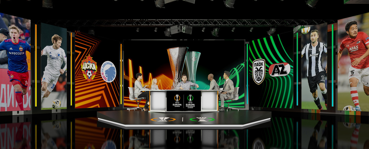 As a huge football fan, and having been to two Champions League Finals, it was such a pleasure to work with Turquoise Brand Ltd on the UEFA Europa League & UEFA Europa Conference League rebrand. The client needed my 3D design expertise to realise their amazing brand in physical environments. TV studios of a variety of scales, stadium branding and fan activations were all conceptualised within the brand toolkit to illustrate how it can be applied and translated into experiences.