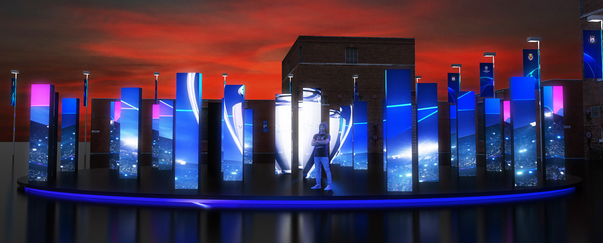As a huge football fan, and having been to two Champions League Finals, it was such a pleasure to work with DesignStudio Group on the UEFA Champions League rebrand. The client needed my 3D design expertise to realise their amazing brand in physical environments. TV studios of a variety of scales, stadium branding and fan activations were all conceptualised within the brand toolkit to illustrate how it can be applied and translated into experiences. I'm incredibly proud to have worked on the world's most elite football competition.