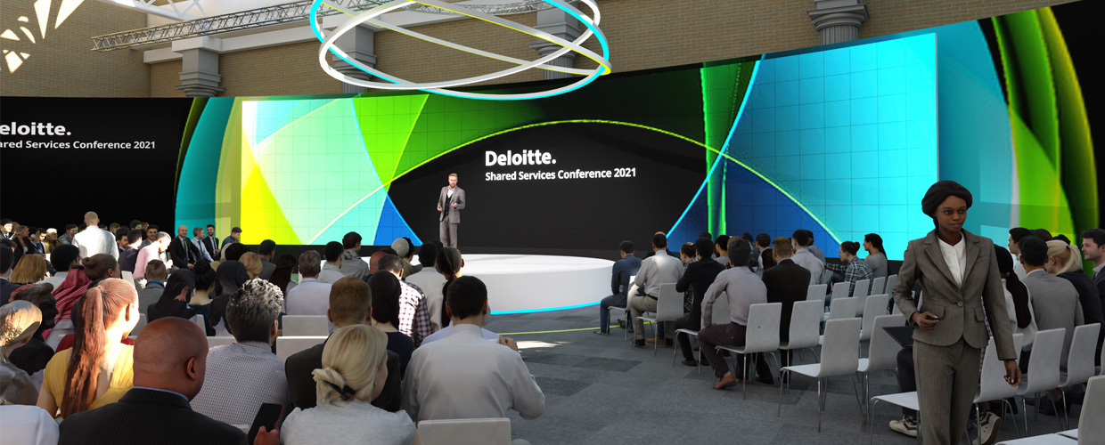 Deloitte Shared Services Conference was an immersive hybrid event for clients of Deloitte to be inspired, informed and interact at Old Billingsgate London. In practical terms, it consisted of a large conference plenary, an expo for multiple partners and numerous breakout workshop spaces for targeted presentations. My client commissioned me to space plan, set design, expo stand design and visualise the spaces.